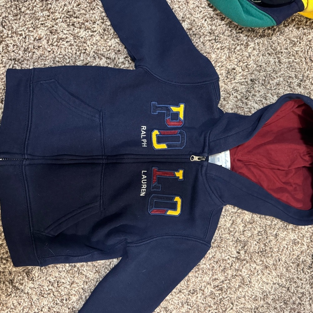 Ralph Lauren Navy Hoodie with Red Hood Lining and Multicolor POLO Appliqué